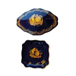 Imperial Limoges Porcelain Cobalt Blue 22K Gold Trinket Box & Tray Made N France